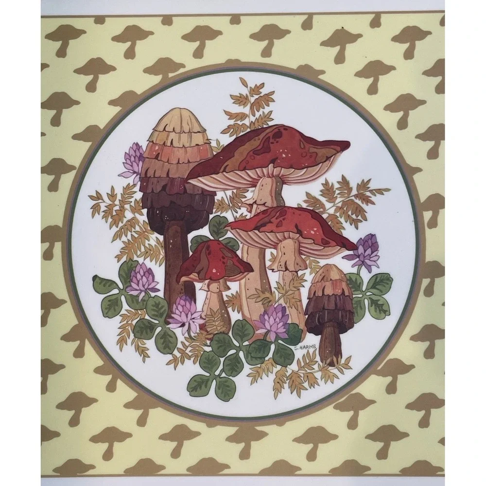 Vintage 70s MCM Mushroom Placemats Set 12 Green Reversible Retro Cottagecore
